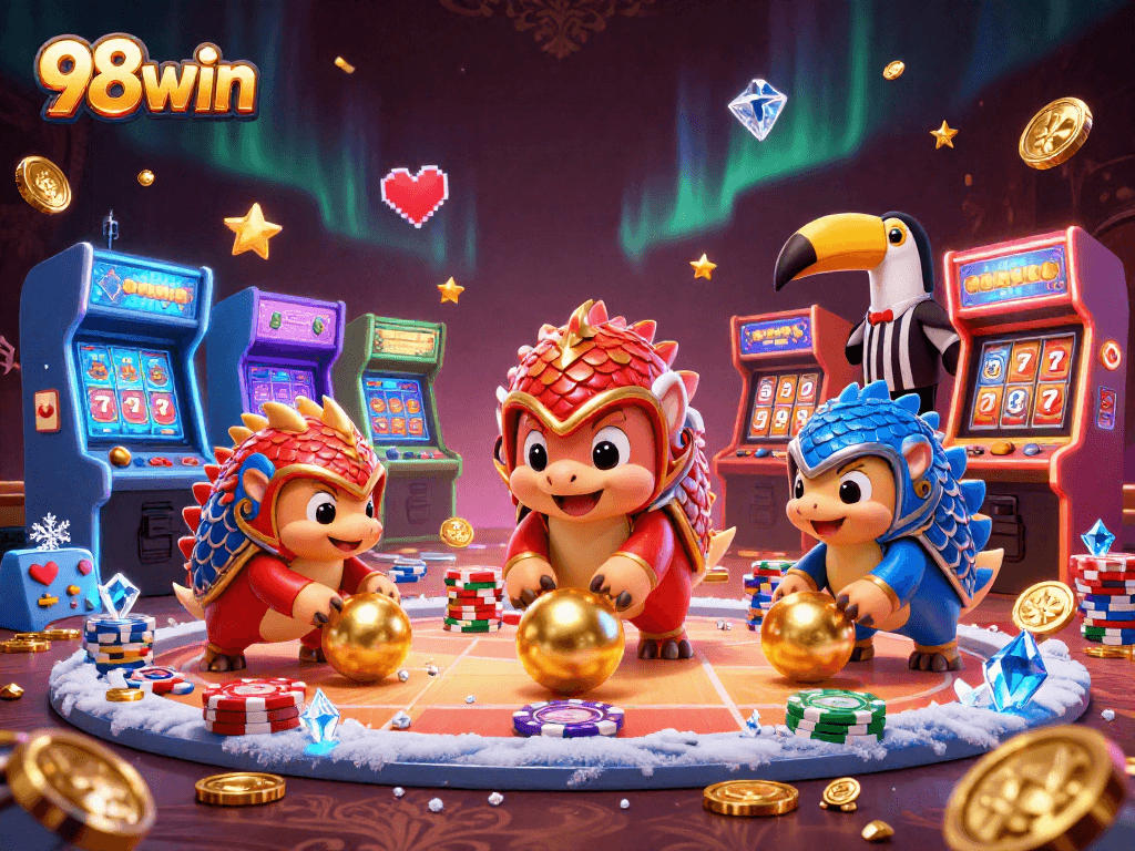 Exciting 98win gaming scene with pangolins competing in a colorful casino environment of coins and confetti.