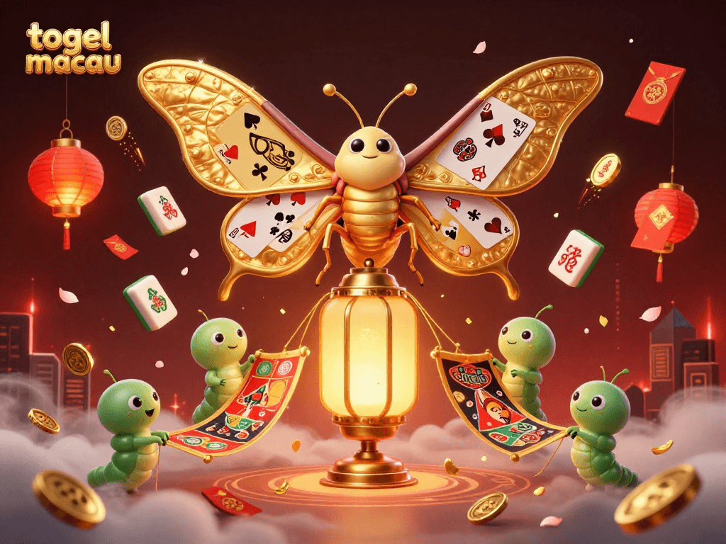 Engage in togel macau excitement with a vibrant 3D digital illustration of a golden moth and enchanting casino elements.