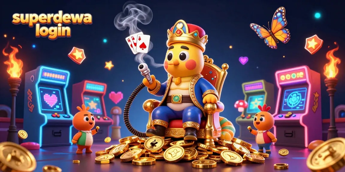 Pergi ke permainan seru superdewa login dengan slot menarik dan simbol kemenangan mengelilingi karakter berwarna-warni.