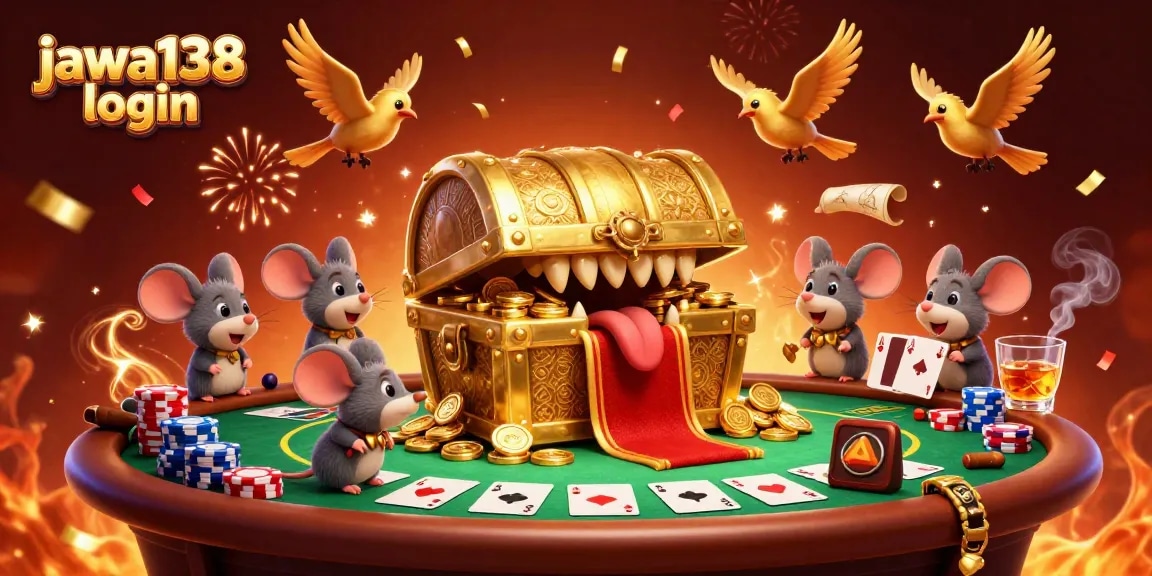 Jawa138 login: Menangkan permainan dengan tampilan menarik dari kotak harta karun dan kartu poker.
