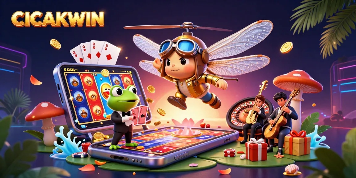 CICAKWIN offers engaging gaming experiences at a vibrant lily pad casino, featuring exciting card dealing and lively jazz.