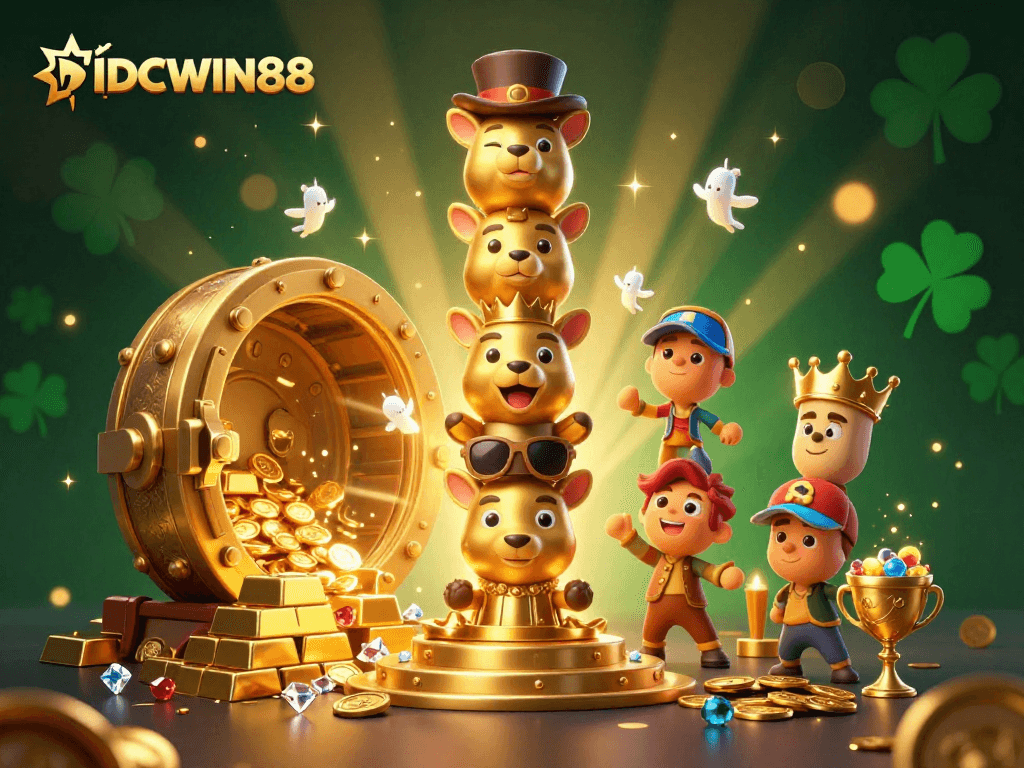 Engage with IDCWIN88 through a vibrant 3D casino illustration showcasing gaming excitement and golden treasures.