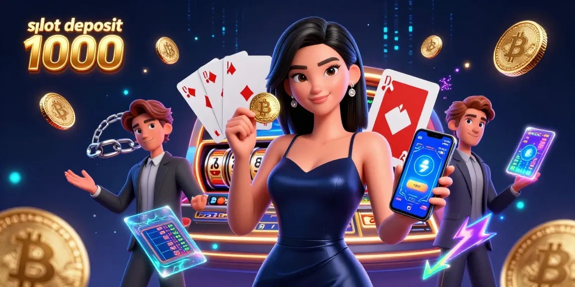 Engage with slot deposit 1000 offerings highlighted by vibrant casino elements, showcasing excitement.
