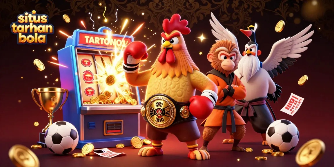 Bet on situs taruhan bola with a dynamic sports scene featuring unique characters and thrilling casino elements.