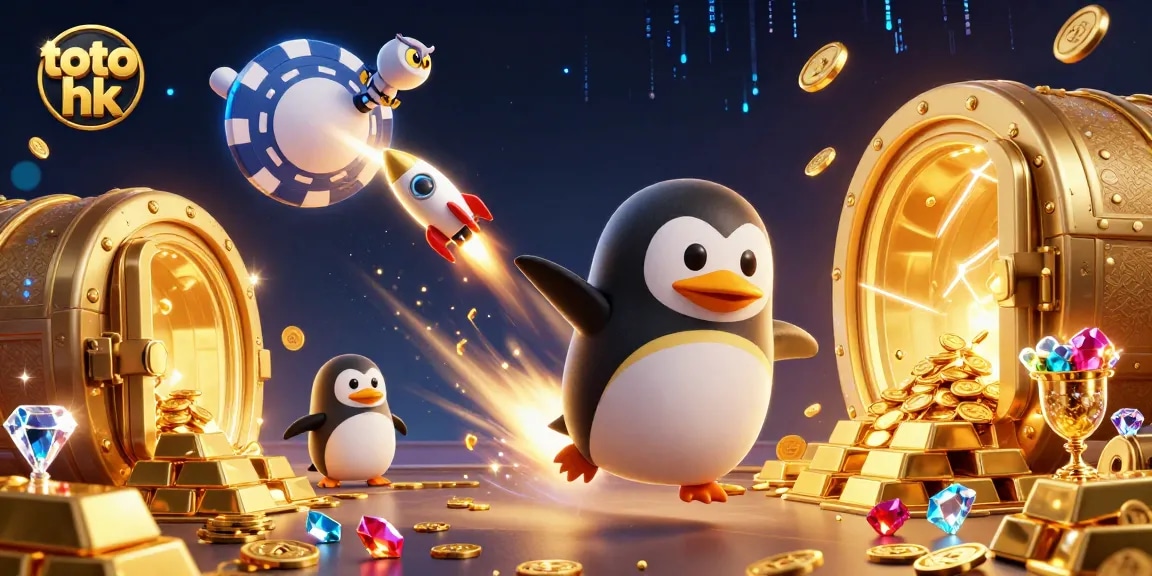 Gambarkan keseruan bermain toto hk di luar angkasa dengan penguin emas dan elemen kasino.