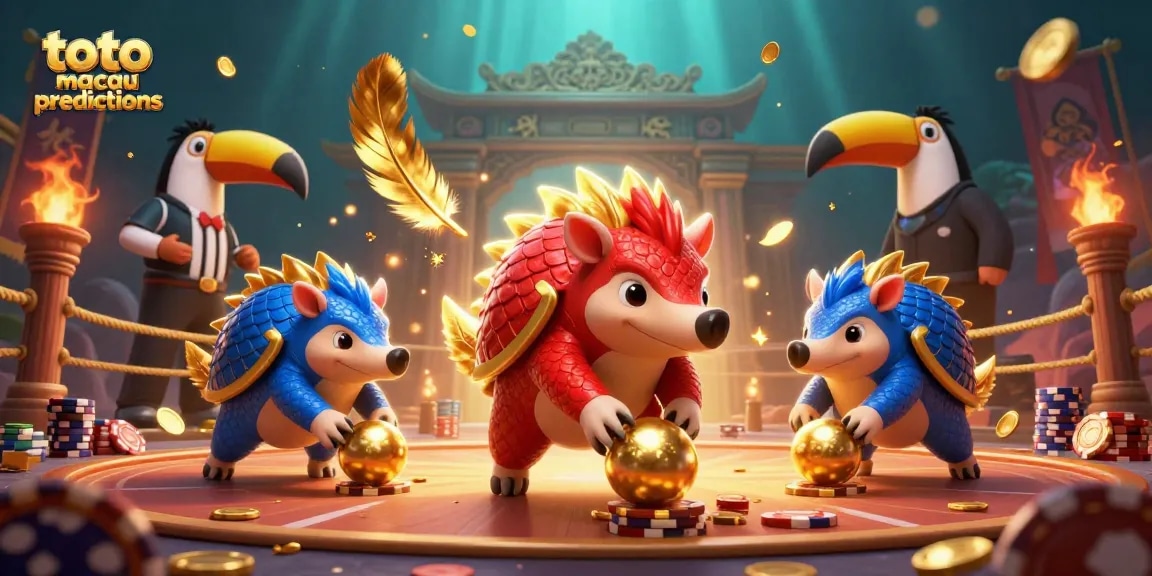 Engaging toto macau predictions featuring playful pangolins rolling through poker chips in an exciting casino scene.