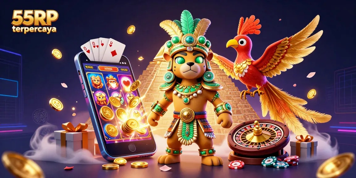 Experience vibrant gaming thrills with 55RP terpercaya, featuring captivating casino elements and characters.