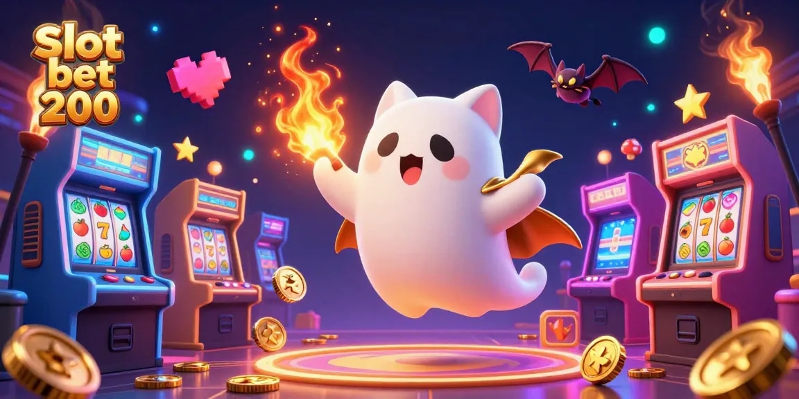 Experience the thrill of a slot bet 200 with a ghost cat and vampire bat in a lively casino scene.