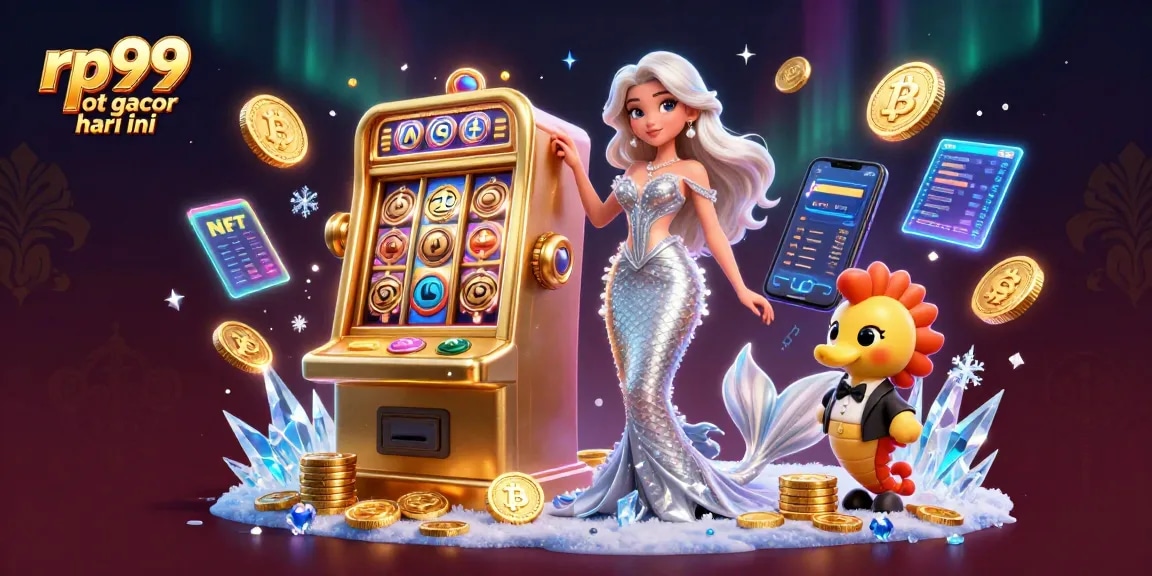 Spin the rp99 slot gacor hari ini with a captivating 3D casino illustration showcasing a glamorous woman beside a slot machine.