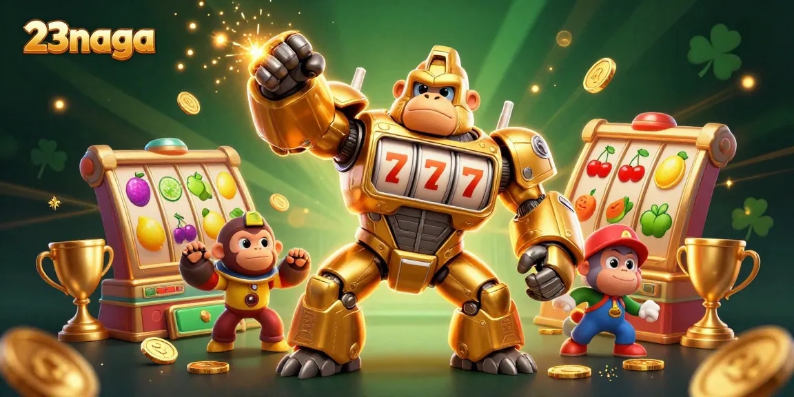 Experience thrilling gameplay with 23naga featuring a golden gorilla mech and vibrant slot symbols.