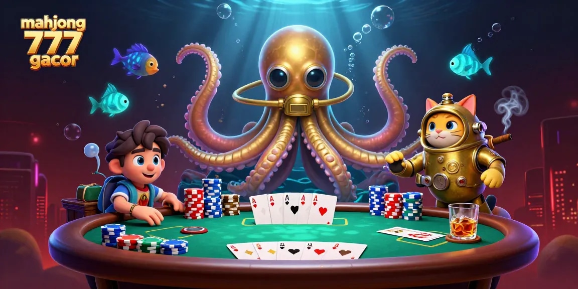 Engage with mahjong 777 gacor at a vibrant 3D casino scene featuring poker elements and animated characters.