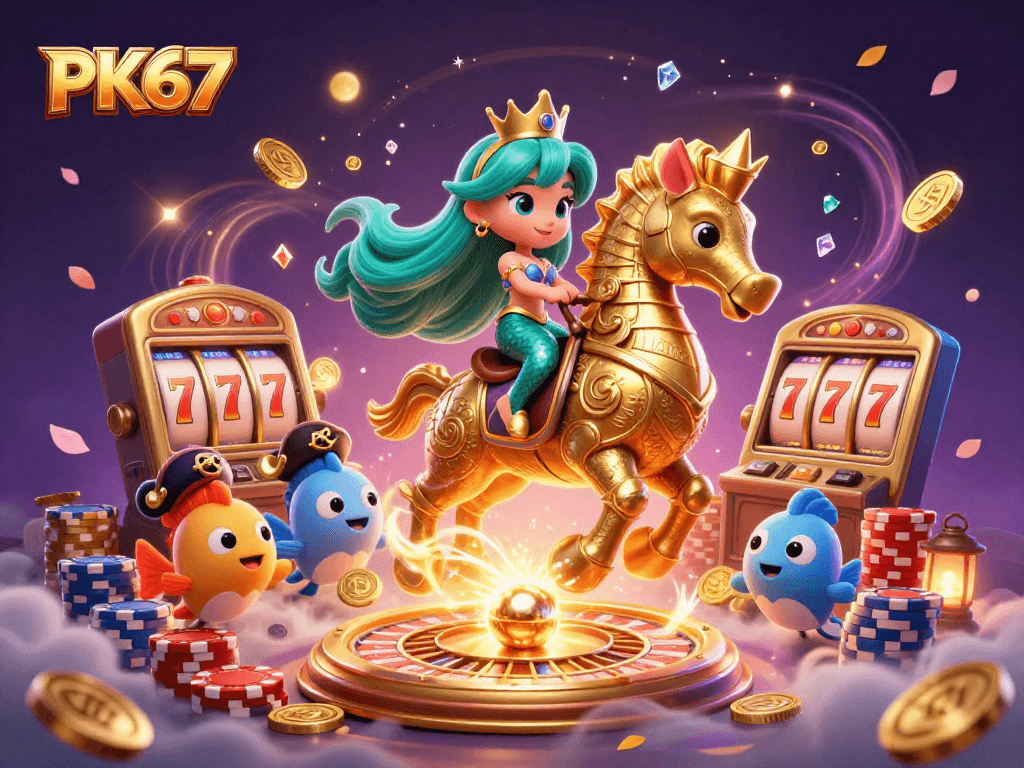 Experience the excitement of PK67 with a vibrant casino-themed 3D digital illustration of a mermaid on a seahorse surrounded by treasures.
