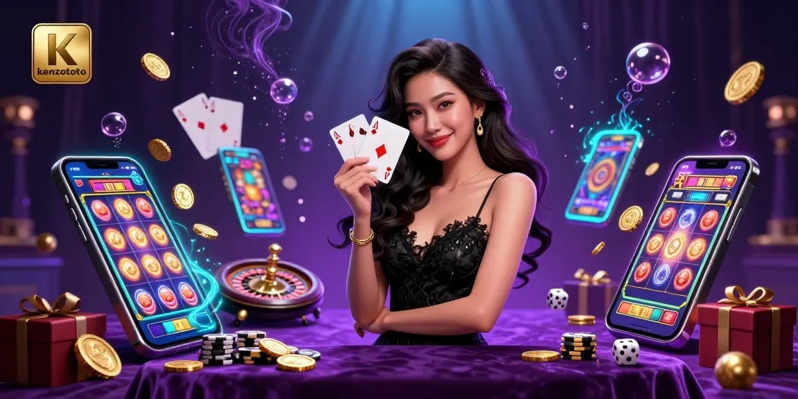 Kenzototo showcases a stunning casino scene with an elegant Asian woman holding face cards, surrounded by exciting slot game elements.
