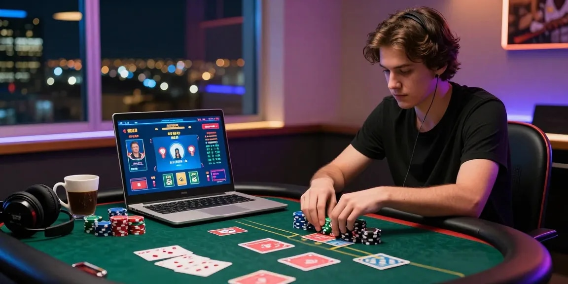 Dewapoker online gaming experience with a player focused on digital poker table, colorful chips, and vibrant city backdrop.