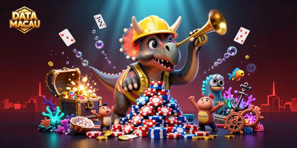 Melihat DATA MACAU dalam ilustrasi detail 3D dengan dinosaurus dan elemen kasino.