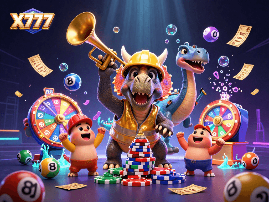 X777 delivers an energetic gaming experience featuring playful characters amidst vibrant gambling elements, celebrating wins.