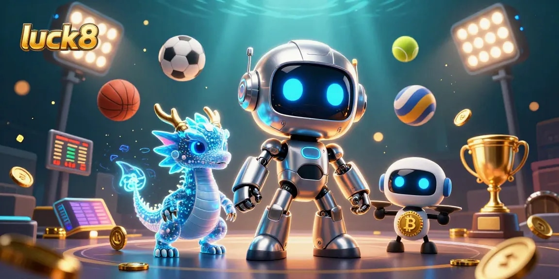 Experience the excitement of luck8 with a vibrant 3D cyberpunk scene showcasing gaming elements and animations.