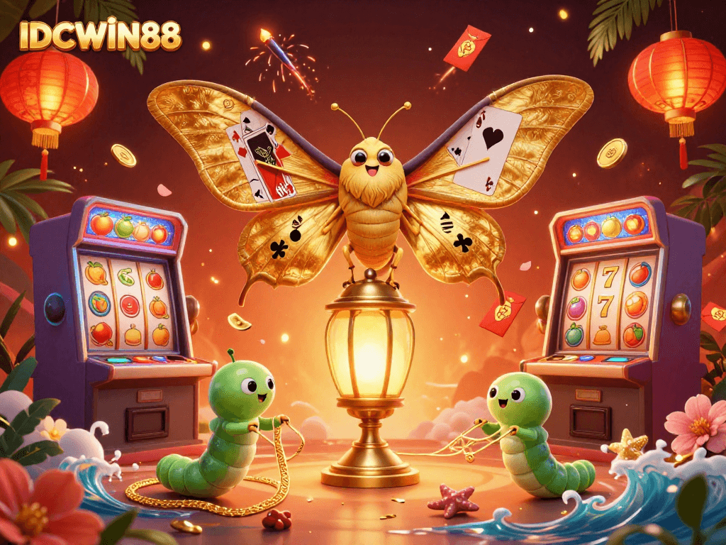 Bet on excitement with IDCWIN88's vibrant 3D casino world featuring golden slot machines and festive decorations.
