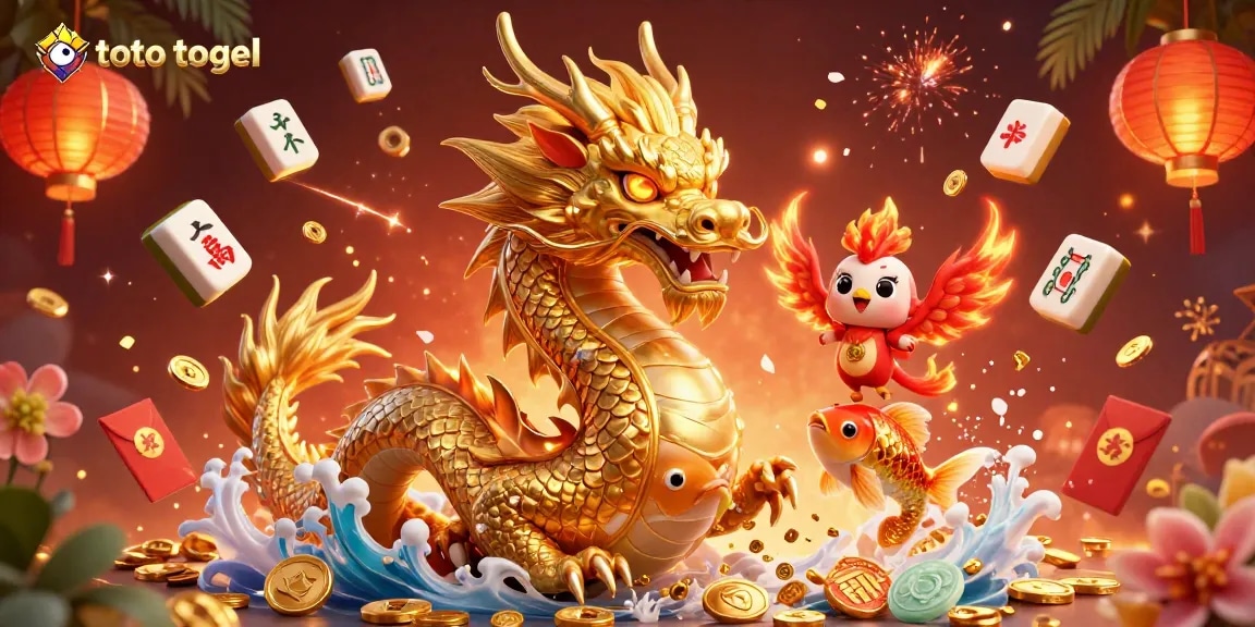 Mainkan toto togel dengan strategi hebat di ilustrasi penuh warna ini, menunjukkan naga emas dan ikan koi.