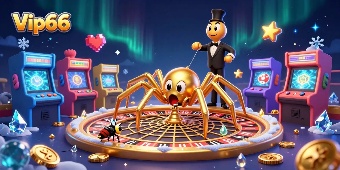 Place bets confidently with Vip66, an exciting gambling scene featuring a roulette wheel web and vibrant gaming elements.