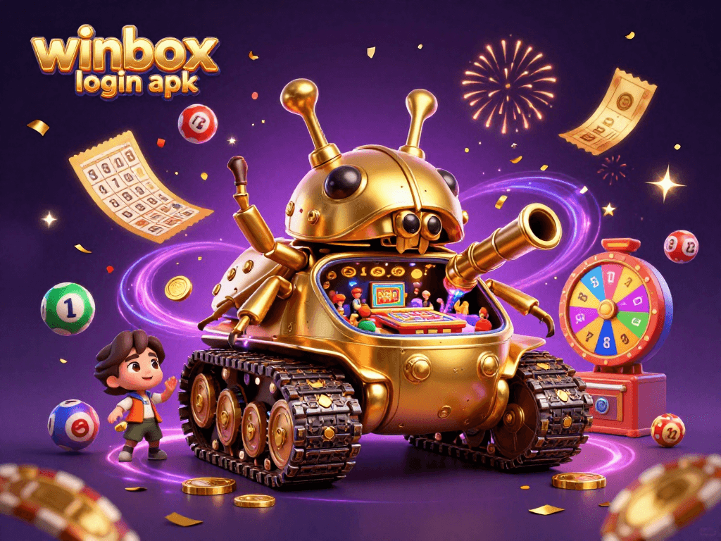Experience winbox login apk with a dynamic 3D illustration of a casino tank and colorful games.