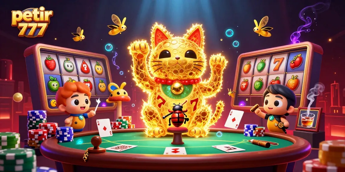 Experience the excitement of petir 777 with a vibrant 3D illustration of a lucky cat and casino elements.
