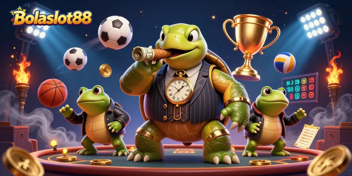 Bolaslot88 showcases a dynamic scene of casino excitement with a turtle mobster and bullfrog enforcers.