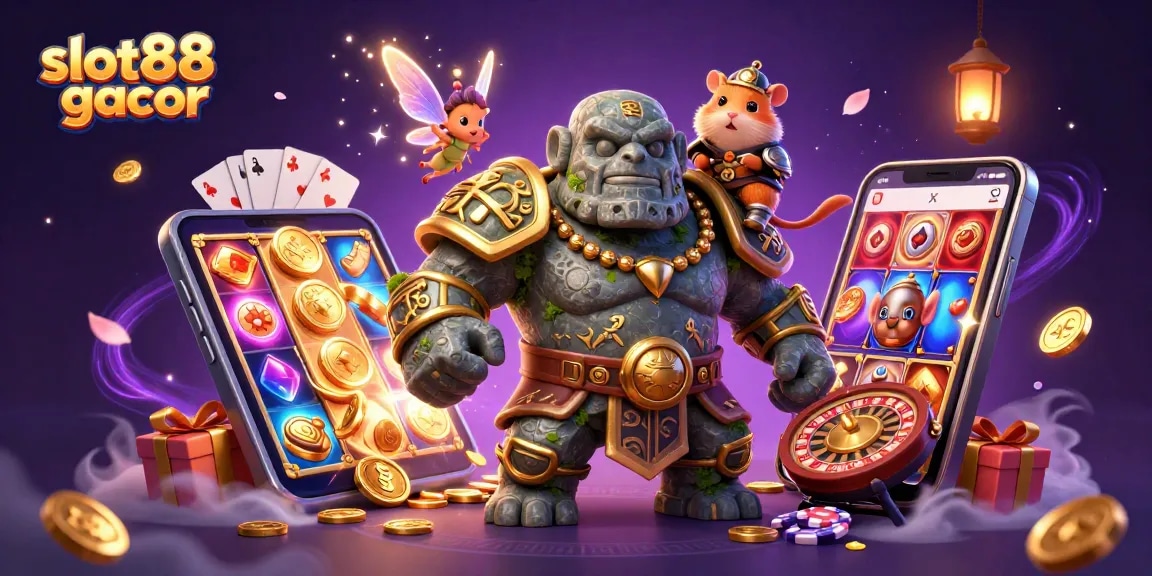 Win big with slot88 gacor in this magical 3D casino illustration packed with vibrant elements.