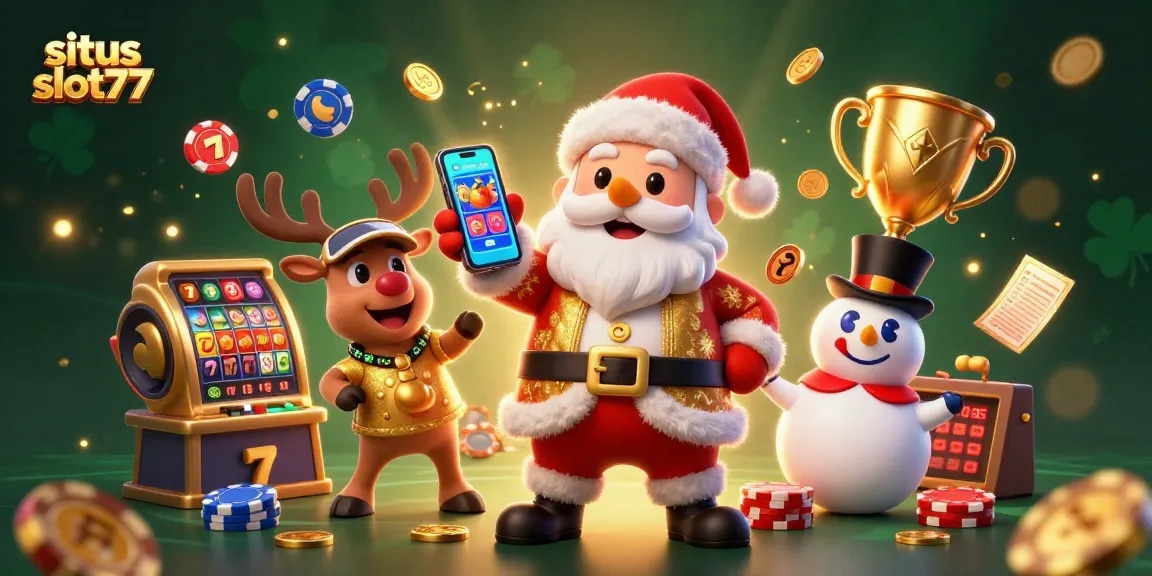 Situs slot777 jackpot illustration with Santa Claus, reindeer dealer, and poker chip snowman in a vibrant casino scene.