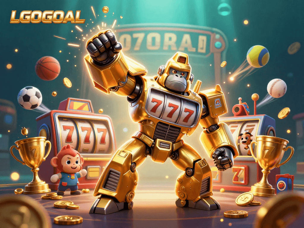 Experience the excitement of LGOGOAL with a golden gorilla mech and dynamic casino elements.