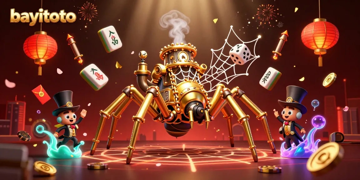 bayitoto captivates players with a 3D illustration showcasing a golden spider web and gaming elements.
