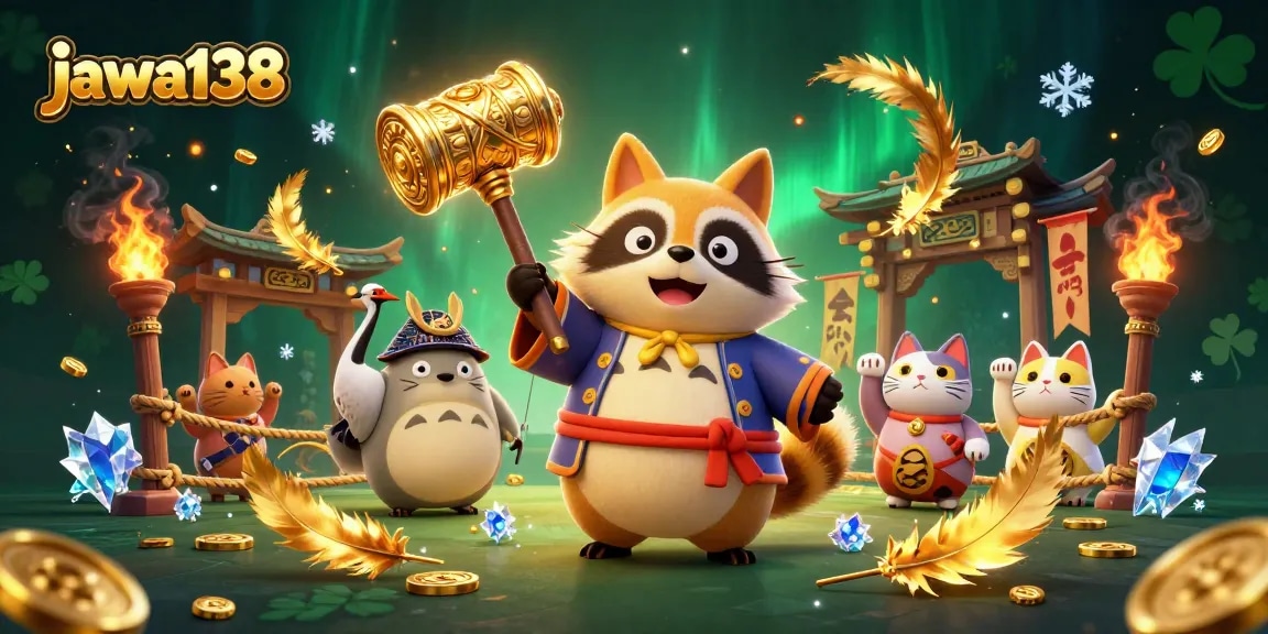 jawa138 showcases a vibrant 3D illustration of a cheerful tanuki and maneki-neko amidst dynamic casino elements
