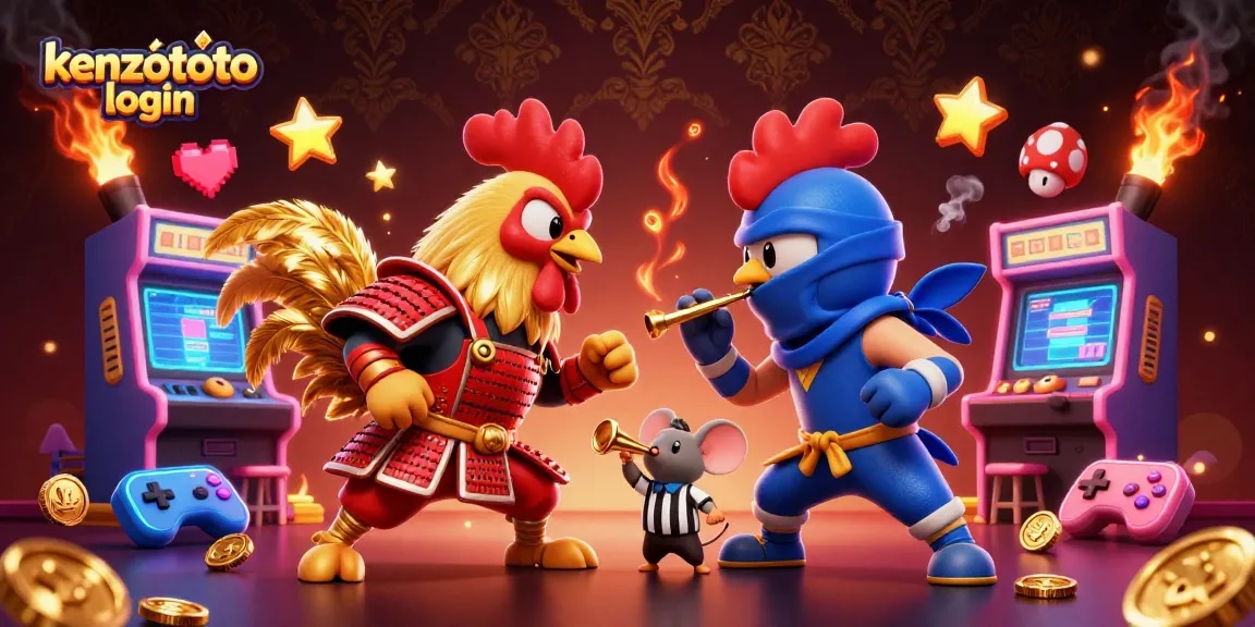 Engage with the thrilling kenzototo login where roosters face off amidst vibrant casino elements.