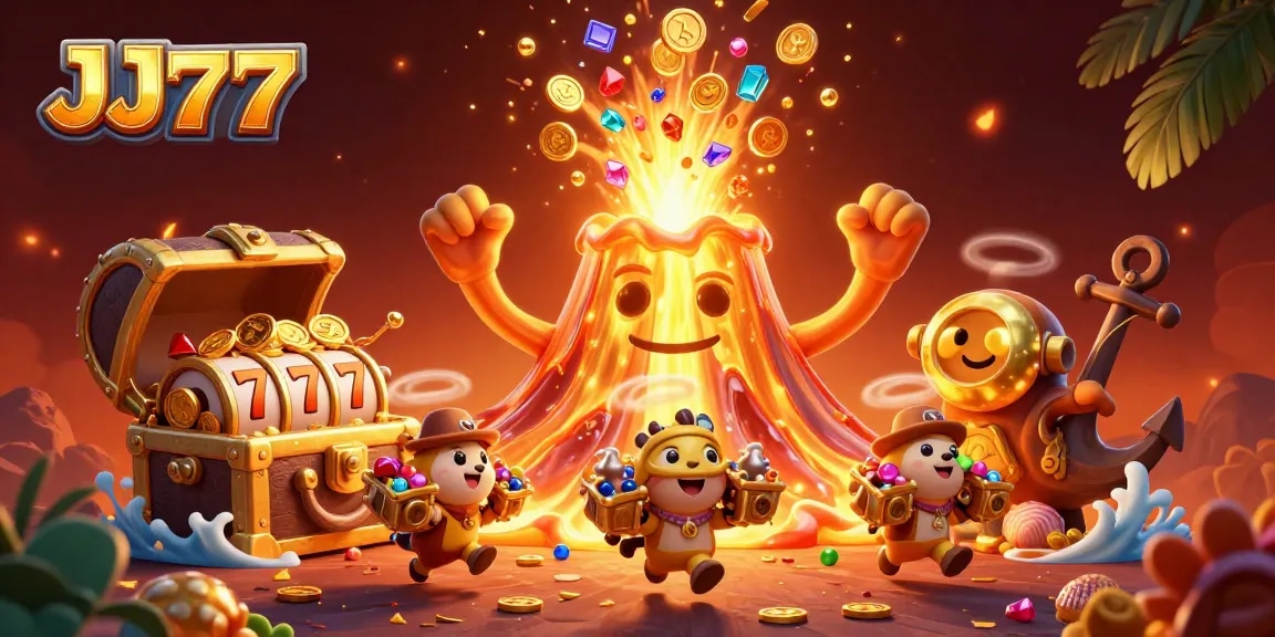 Spin the reels with JJ77 as a golden volcano erupts with treasures, enhancing your gaming experience.