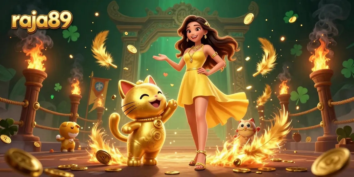 Experience the excitement of raja89 with a cheerful woman and lucky cat in a vibrant casino scene.