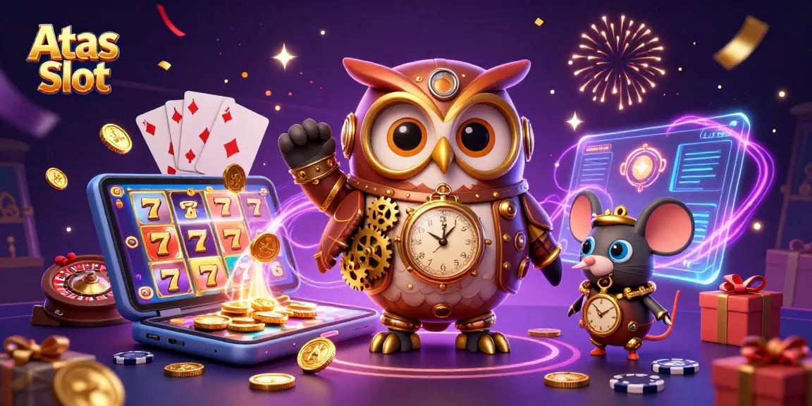 Engage with Atas Slot's immersive gaming experience featuring a time-traveler owl and dynamic casino elements.