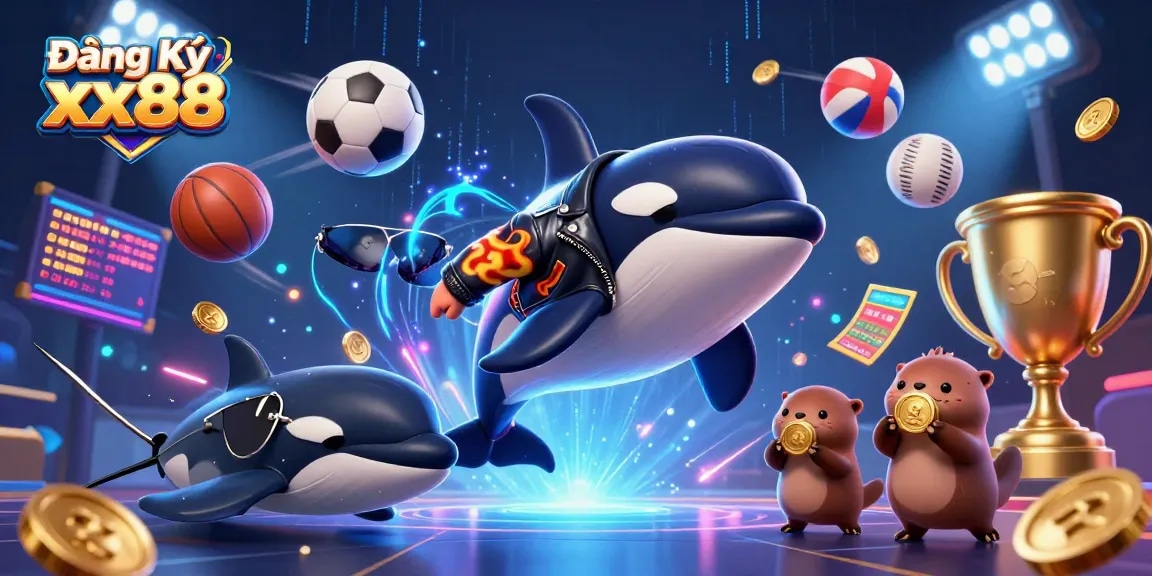 Engage in thrilling moments with Đăng Ký xx88, featuring vibrant gaming characters and dynamic sports elements.