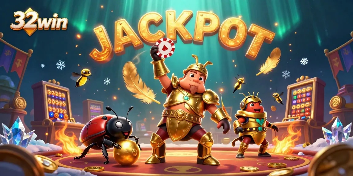 Experience thrilling bets and winnings with 32win's vibrant casino scene, featuring navigating beetles and jackpot spells.