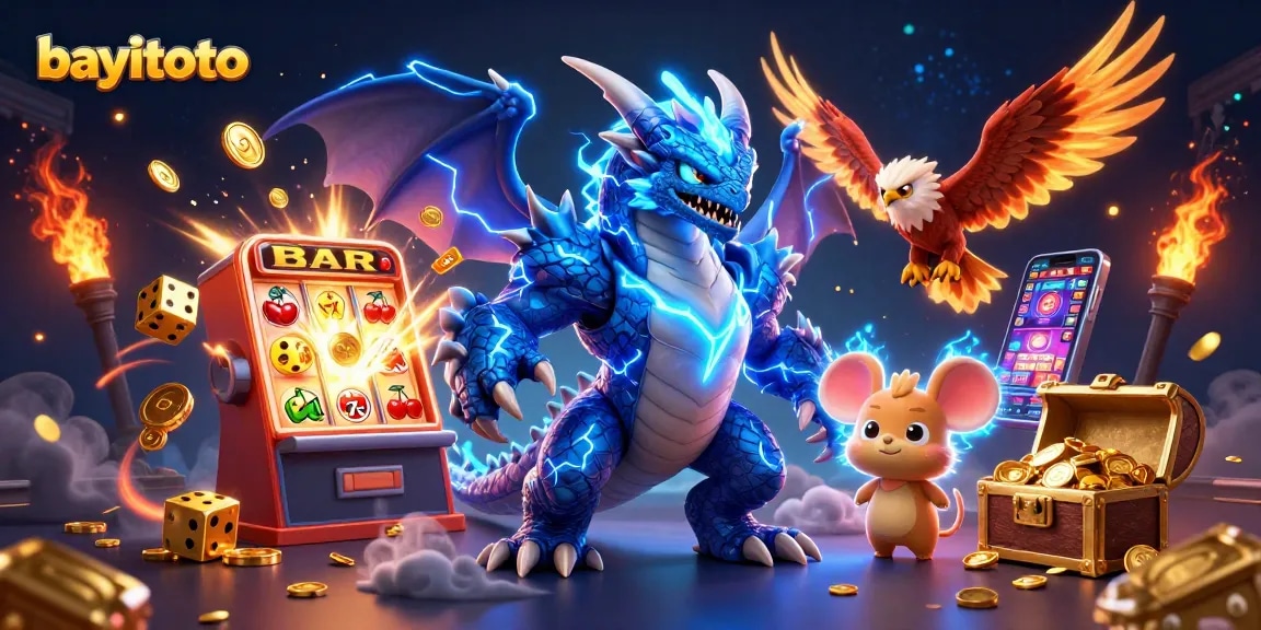 Engage in thrilling action at bayitoto, featuring a vibrant carnival of slot machines and dynamic gaming characters.