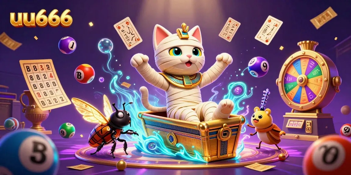 Play exciting games at uu666 with a vibrant 3D illustration of a mummy cat and golden elements.