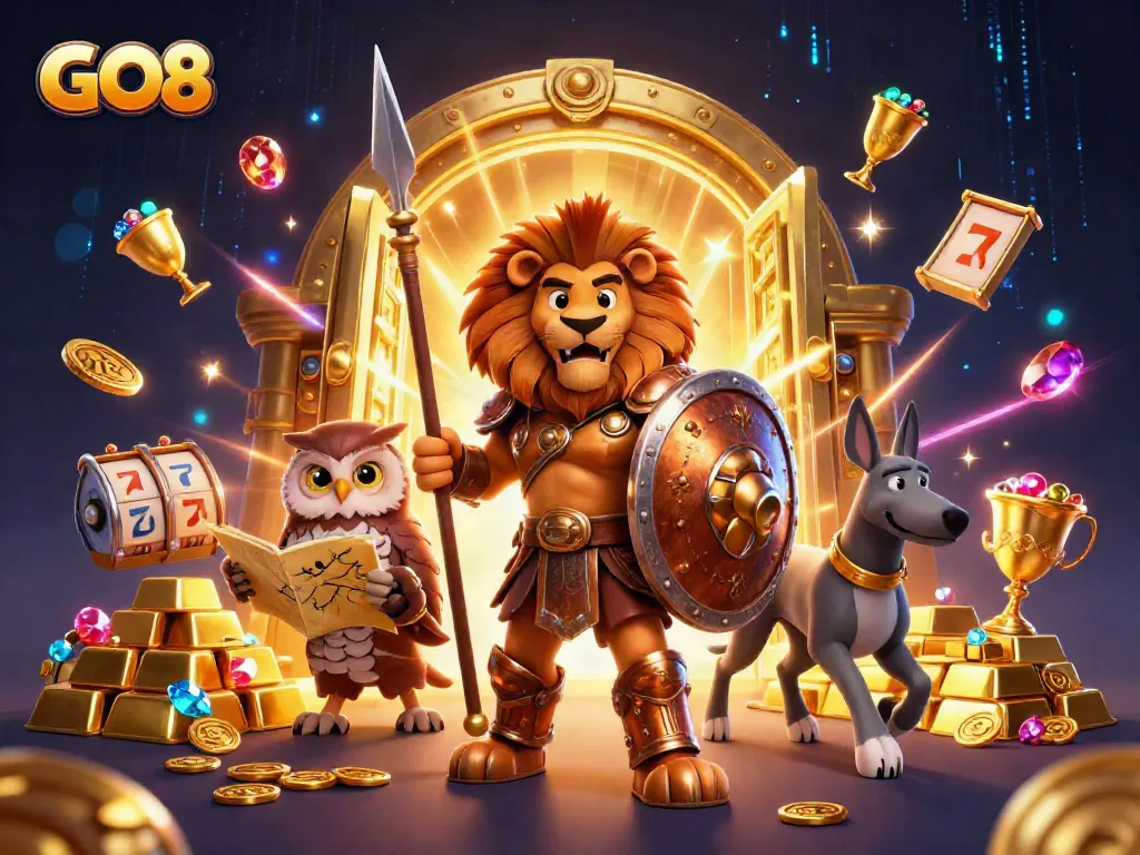 Engage in exciting GO8 casino gameplay featuring a heroic Spartan lion and mystical elements.