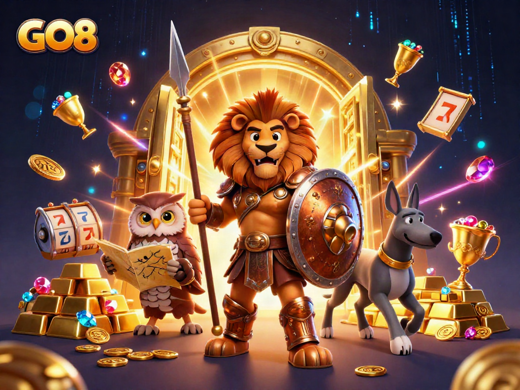 Engage in exciting GO8 casino gameplay featuring a heroic Spartan lion and mystical elements.