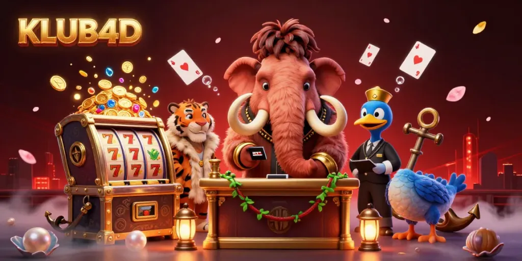 Gambarlah pengalaman bermain KLUB4D dengan mamut raksasa pemeriksa ID dan tamu VIP di lingkungan kasino digital.