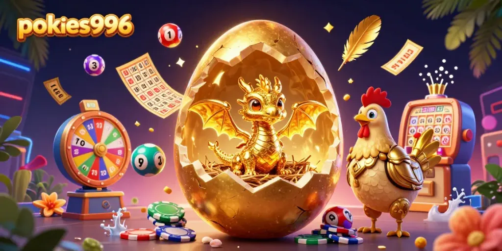 Experience thrilling plays at pokies996 with golden dragon and poker chips in a dynamic casino illustration.