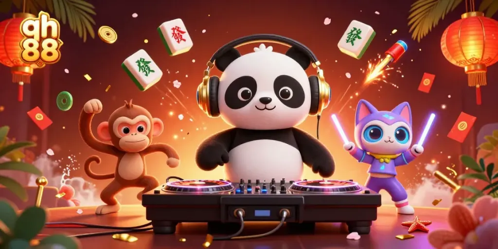 Engage with qh 88's vibrant casino scene featuring a DJ panda and lively characters.