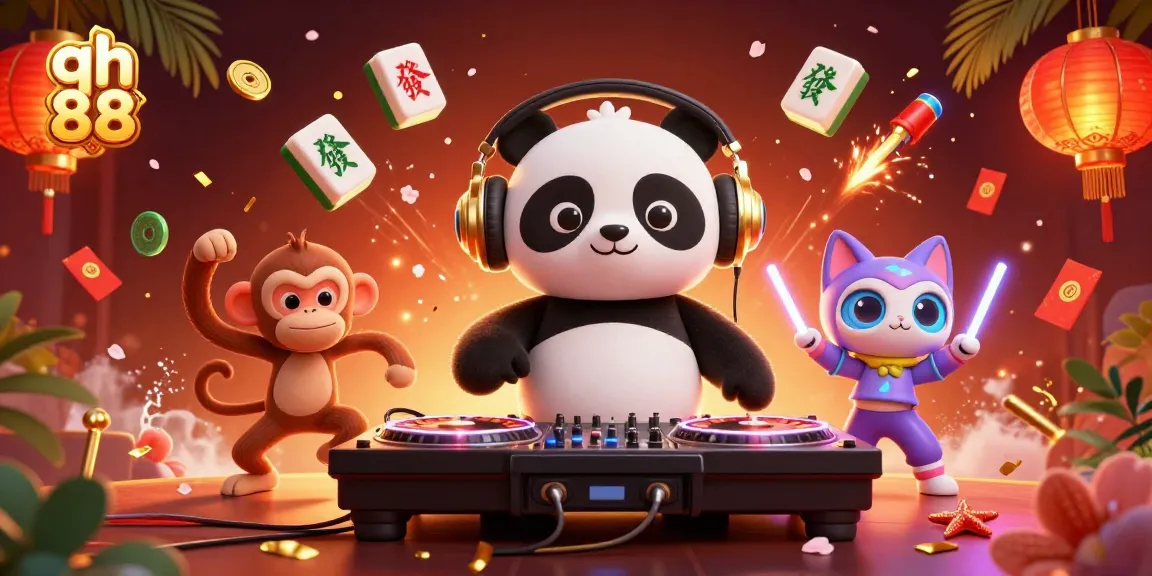 Engage with qh 88's vibrant casino scene featuring a DJ panda and lively characters.