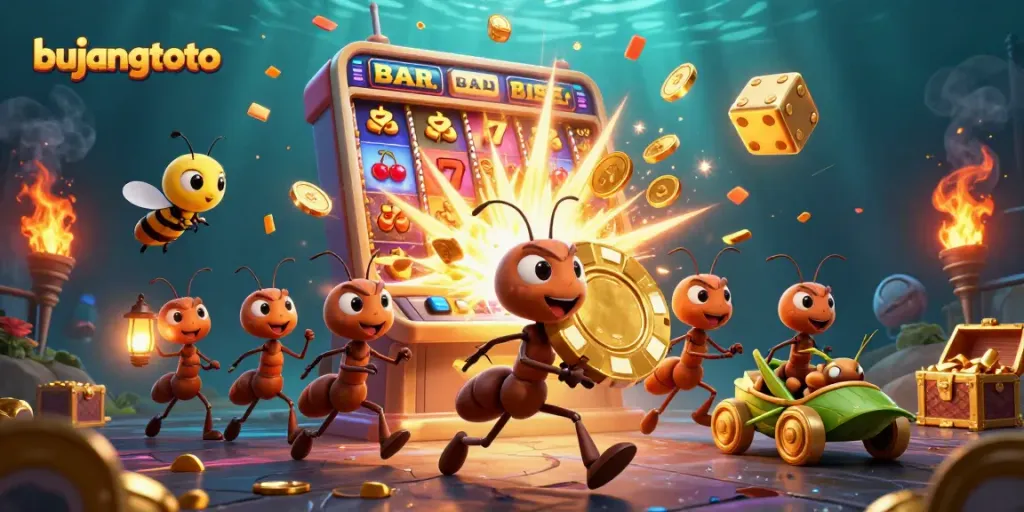 Bujangtoto captivates players with ants heist-themed casino action illustration loaded with vibrant gaming elements.