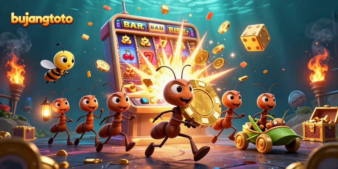Bujangtoto captivates players with ants heist-themed casino action illustration loaded with vibrant gaming elements.