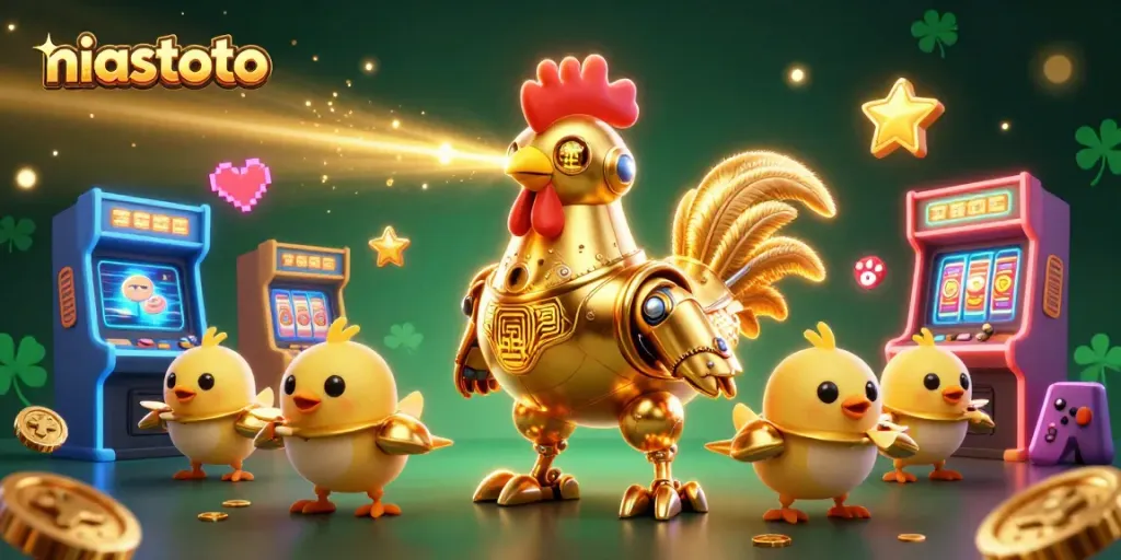 Menangkan hadiah di niastoto dengan jackpot bertema permainan dan robot ayam berteknologi tinggi.