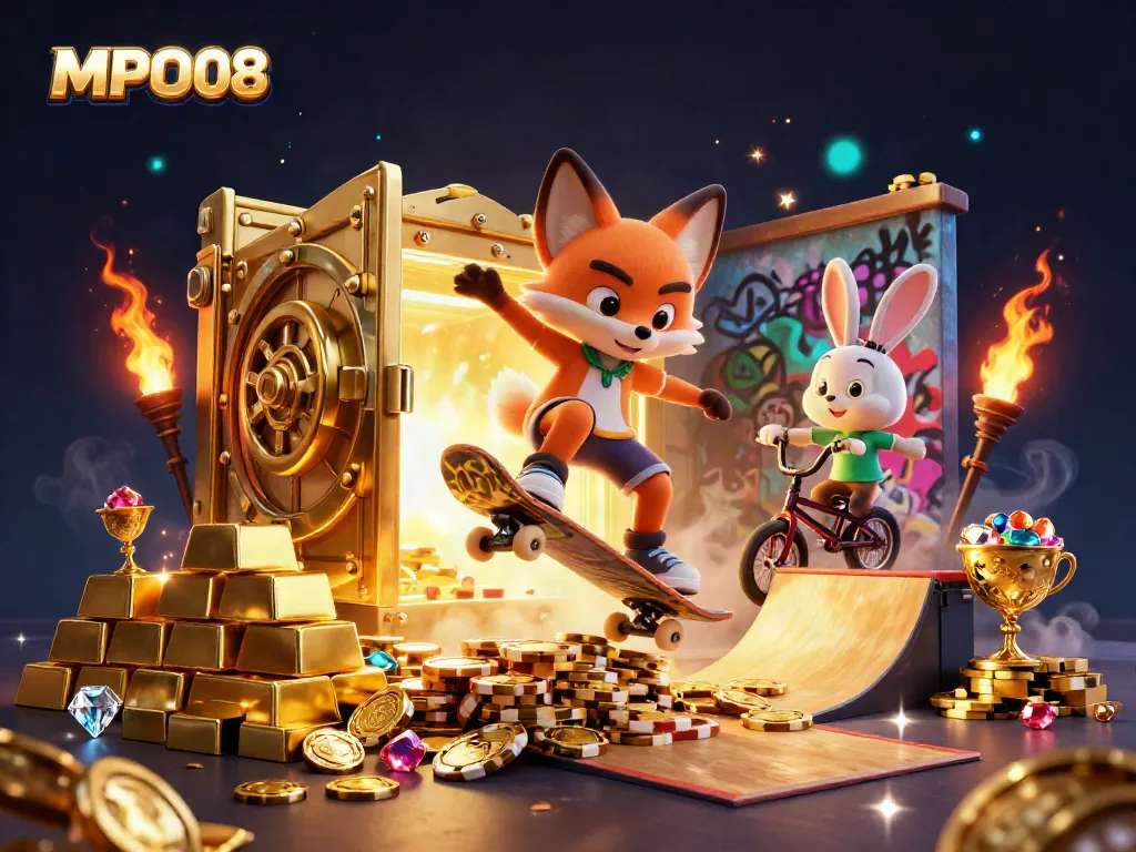 MPO08 showcases a vibrant casino scene with a skateboarder fox and BMX-riding rabbit performing over golden poker chips.